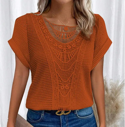 Women's Short Sleeve Waffle Knit Shirt Crochet Detail