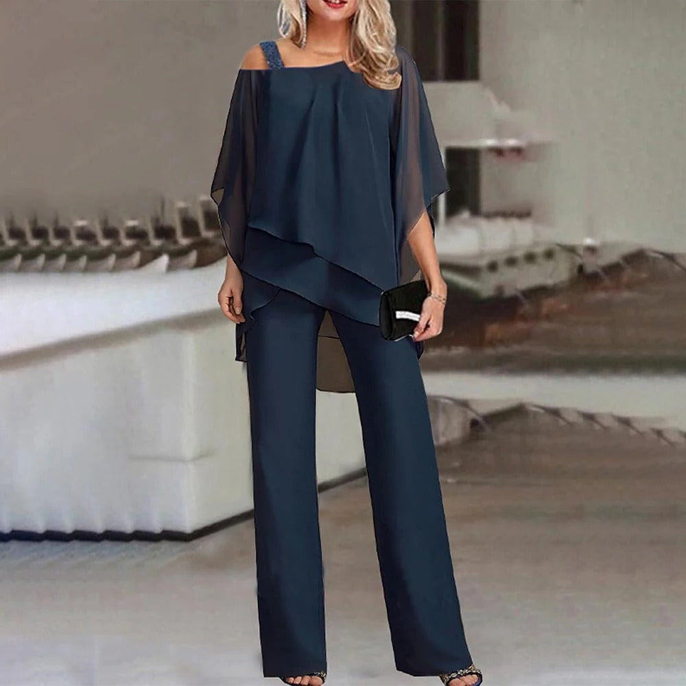 Women's Wide Leg Jumpsuit Chiffon Cold Shoulder Beige