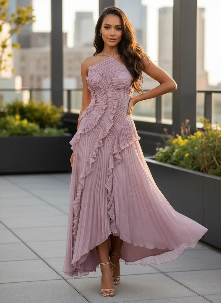 Flared Hem Ruffled Waist Midi Dress - VibreMode