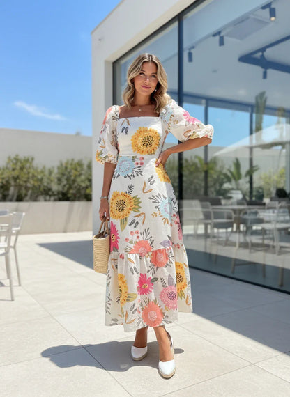 Pretty Ruffled Cap Sleeve Mid Length Dress