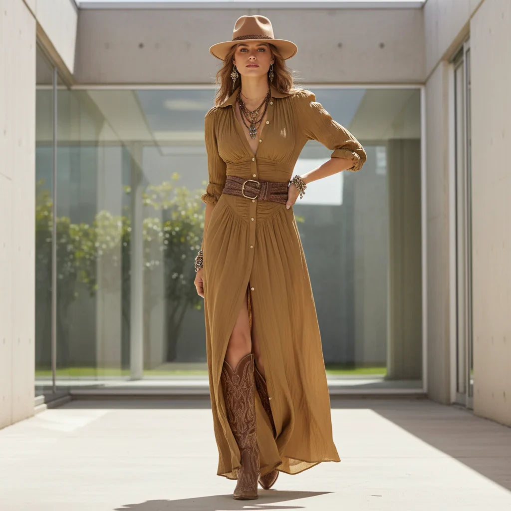 Elegant Waist Belt Maxi Dress