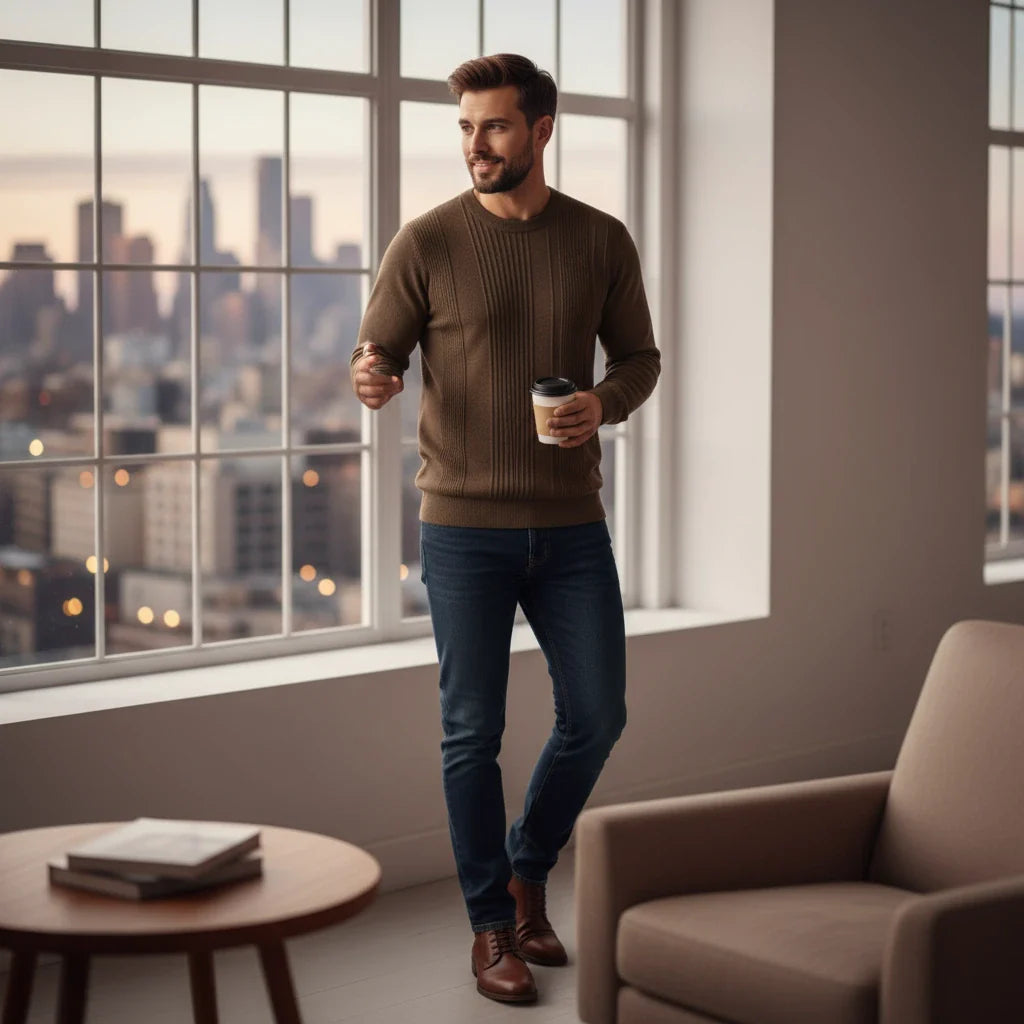 Man holding a coffee cup in a modern living room with cityscape view