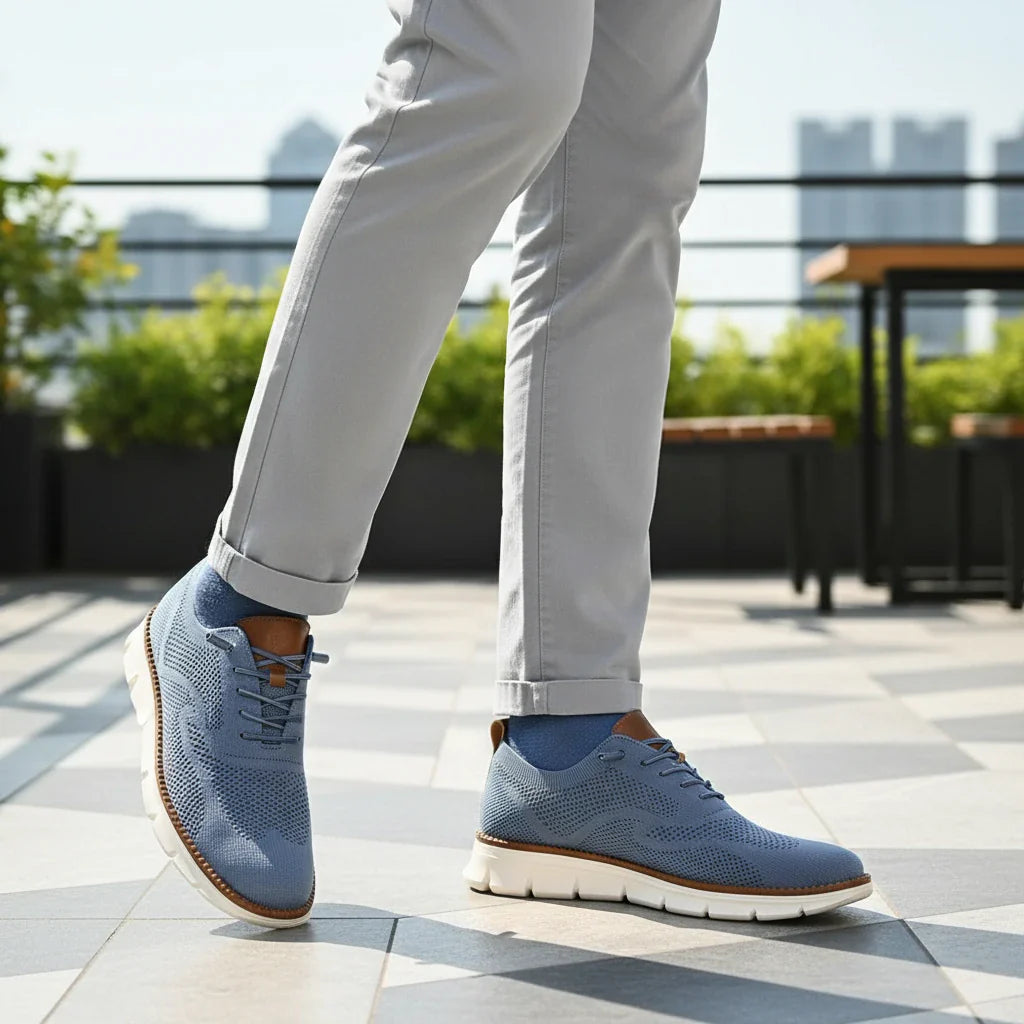Person wearing blue sneakers with white soles on a rooftop with cityscape background