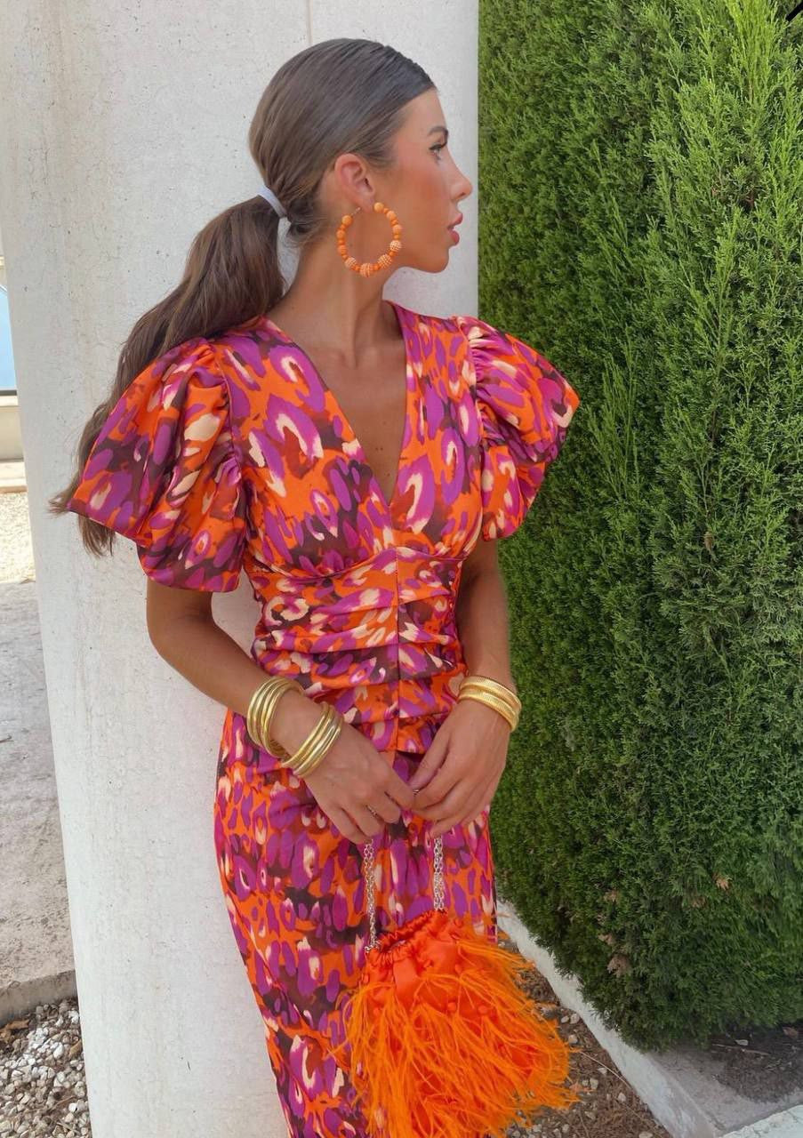 Vibrant Floral Puff Sleeve Midi Summer Dress - VibreMode