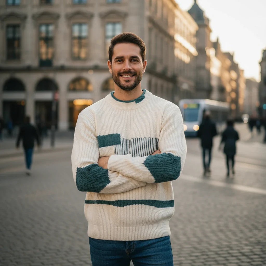 Patterned Crew Neck Knit Sweater