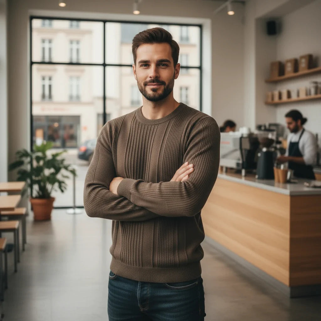 Man standing in a modern cafe with arms crossed