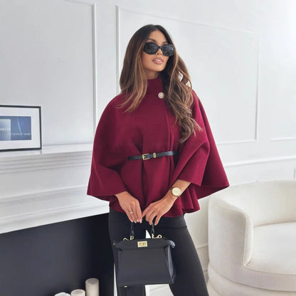 Women's High Neck Cape Coat Belted Wool Black - VibreMode