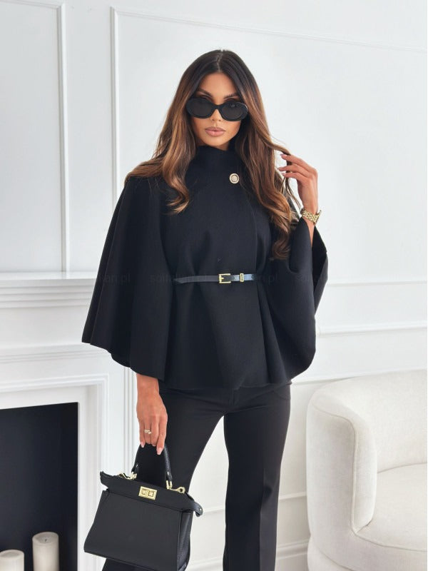 Women's High Neck Cape Coat Belted Wool Black