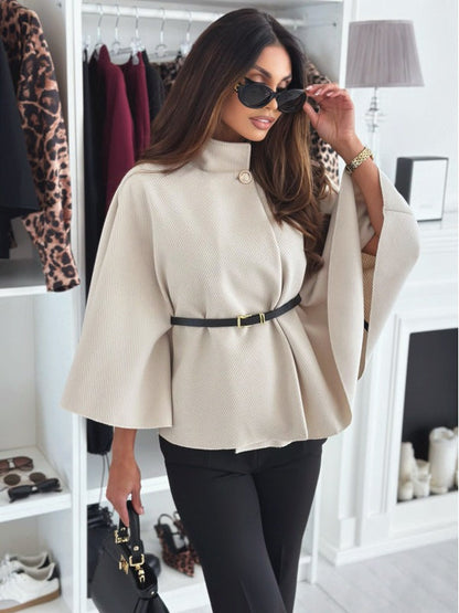 Women's High Neck Cape Coat Belted Wool Black