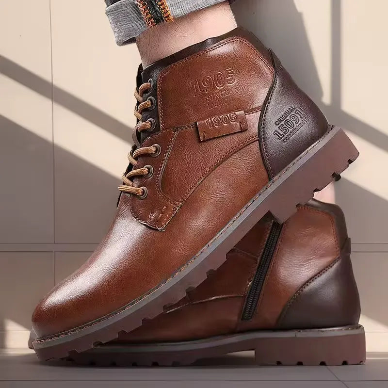 Men's Ankle Boots Lace-Up Leather Side Zipper Brown
