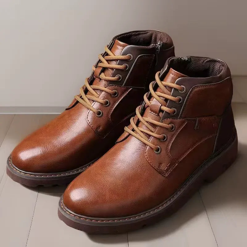 Men's Ankle Boots Lace-Up Leather Side Zipper Brown
