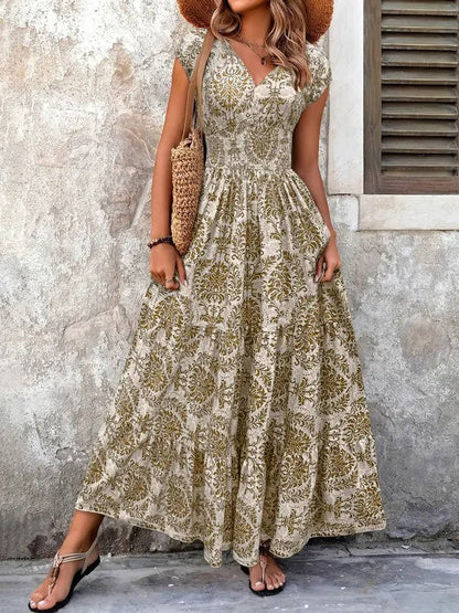 Women's Boho Maxi Dress Smocked Print Tiered - VibreMode