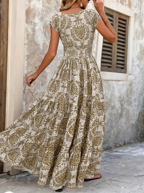Women's Boho Maxi Dress Smocked Print Tiered