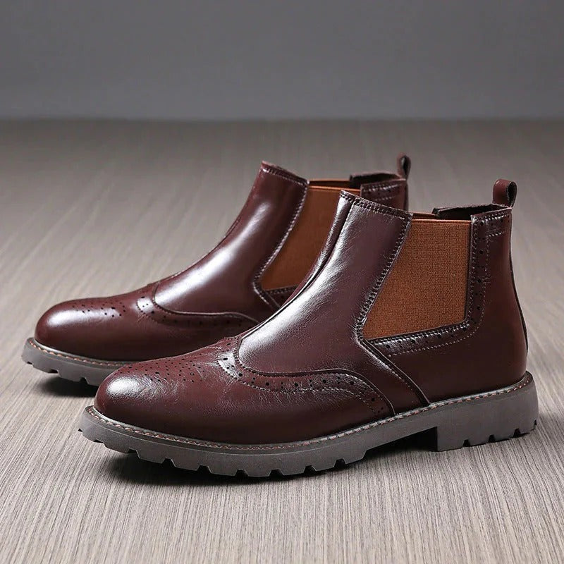 Men's Leather Chelsea Boots Brown Brogue Ankle Boots