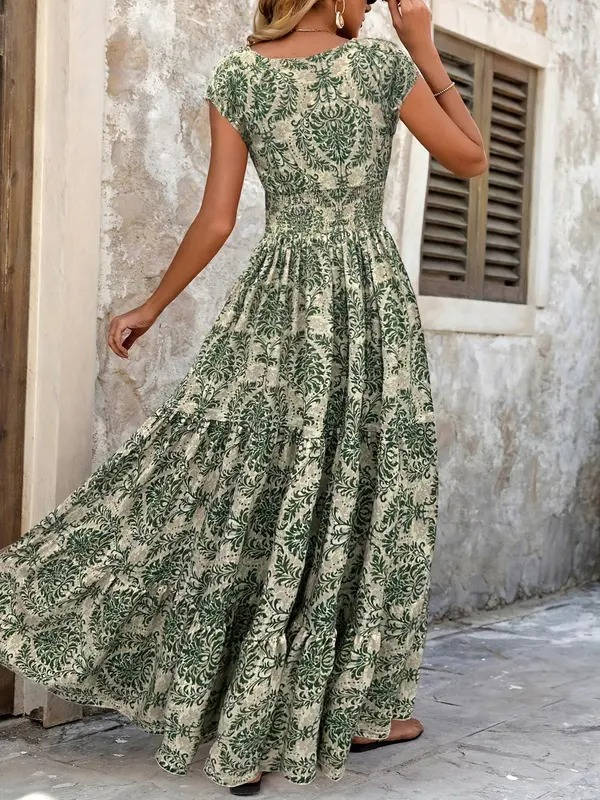 Women's Boho Maxi Dress Smocked Print Tiered