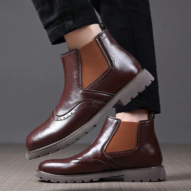 Men's Leather Chelsea Boots Brown Brogue Ankle Boots