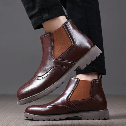 Men's Leather Chelsea Boots Brown Brogue Ankle Boots