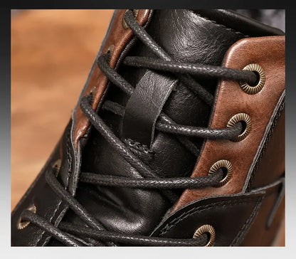 Men's Ankle Boots Lace-Up Leather Side Zipper Brown