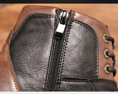 Men's Ankle Boots Lace-Up Leather Side Zipper Brown