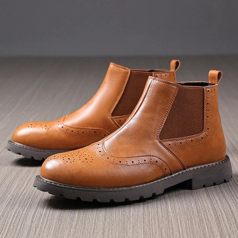 Men's Leather Chelsea Boots Brown Brogue Ankle Boots
