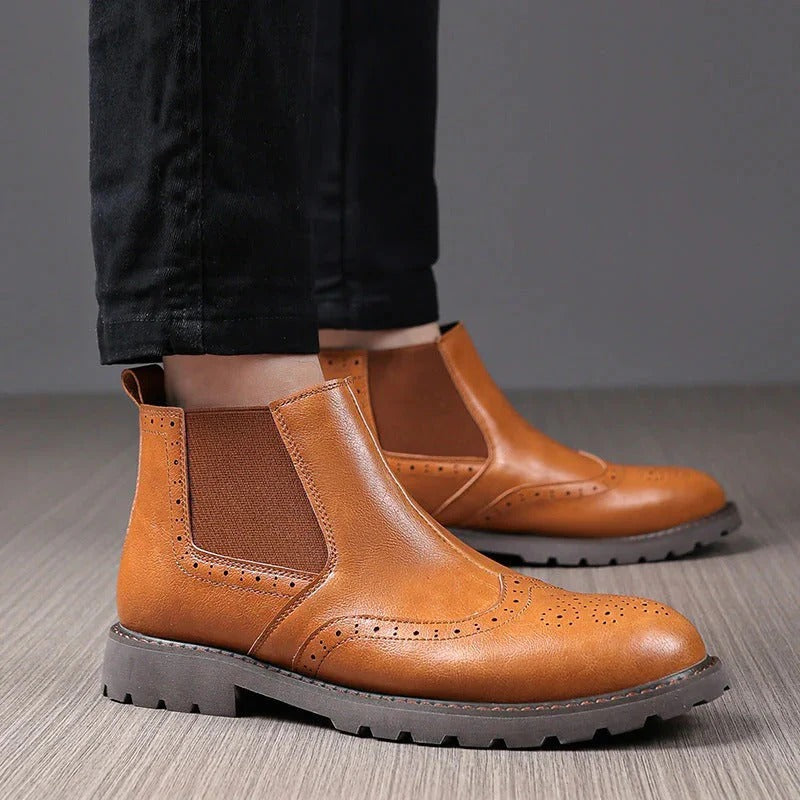 Men's Leather Chelsea Boots Brown Brogue Ankle Boots