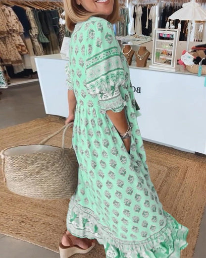 Women's Boho Maxi Dress Ruffle Sleeve Tiered