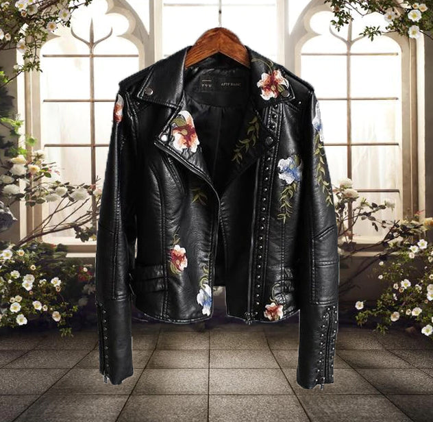 Women's Floral Print Motorcycle Jacket - VibreMode