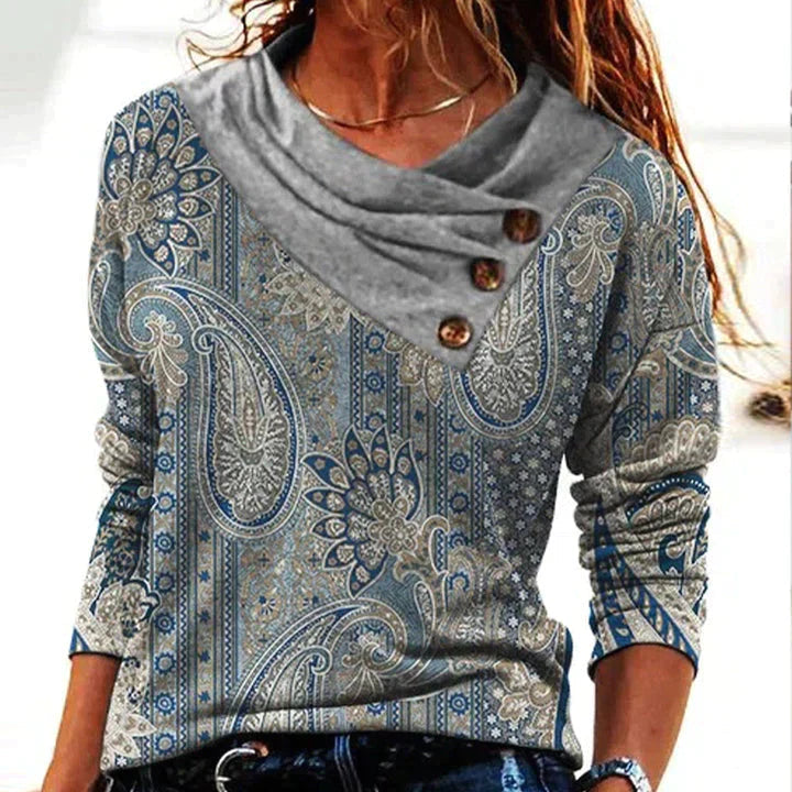 Women's Long Sleeve Cowl Neck Printed Blouse - VibreMode