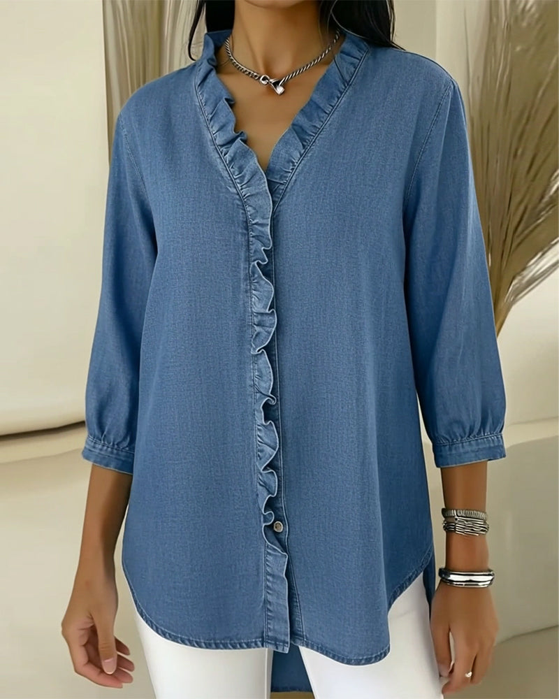 Women's Ruffle Button Down Cotton Blouse - VibreMode
