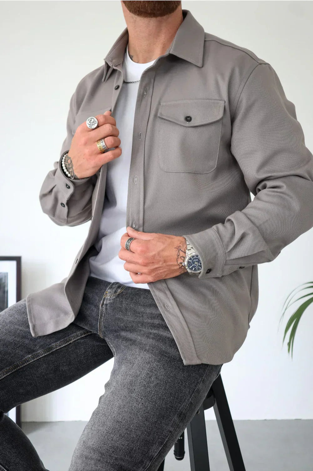 Men's Long Sleeve Button-Down Shirt Jacket - VibreMode