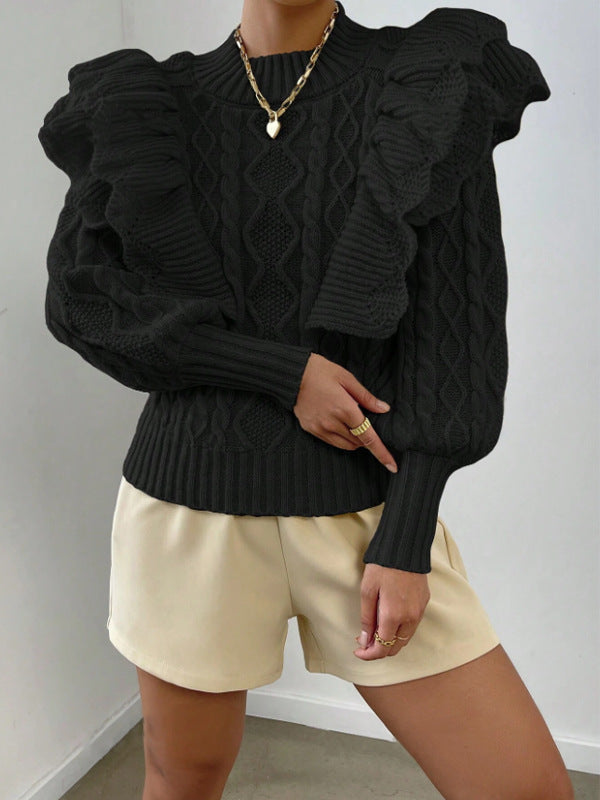 Image of Jeanette | Women's Ruffle Cable Knit Long Sleeve Sweater