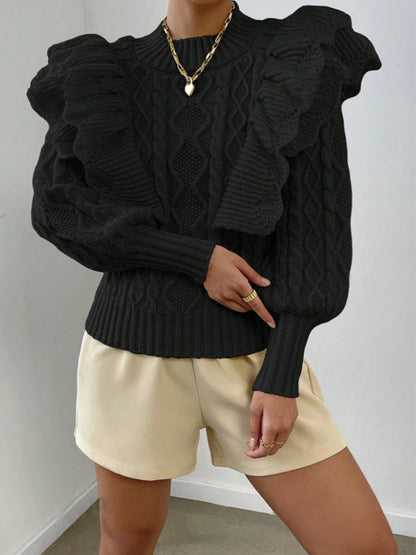 Image of Jeanette | Women's Ruffle Cable Knit Long Sleeve Sweater