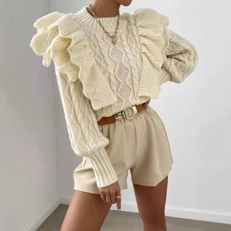 Women's Cable Knit Ruffle Sweater Long Sleeve - VibreMode