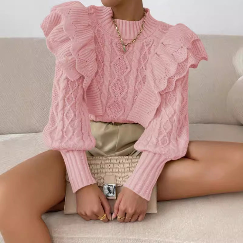 Image of Jeanette | Women's Ruffle Cable Knit Long Sleeve Sweater