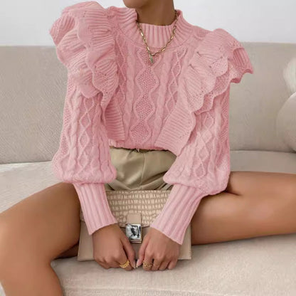 Image of Jeanette | Women's Ruffle Cable Knit Long Sleeve Sweater