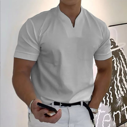 Men's Pocket T-Shirt Band Collar Cotton