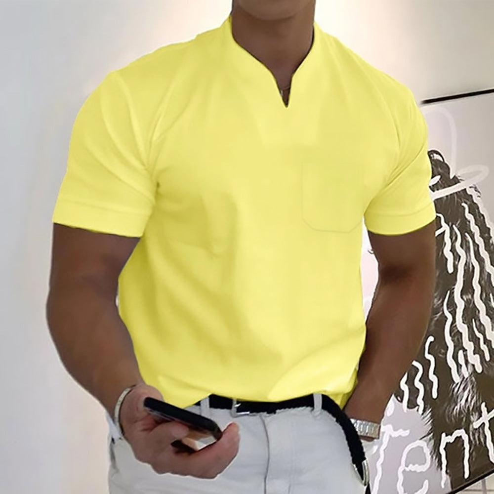 Men's Pocket T-Shirt Band Collar Cotton