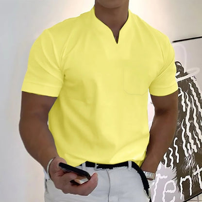 Men's Pocket T-Shirt Band Collar Cotton
