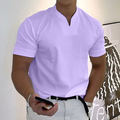 Men's Pocket T-Shirt Band Collar Cotton