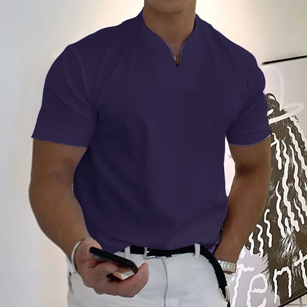 Men's Pocket T-Shirt Band Collar Cotton