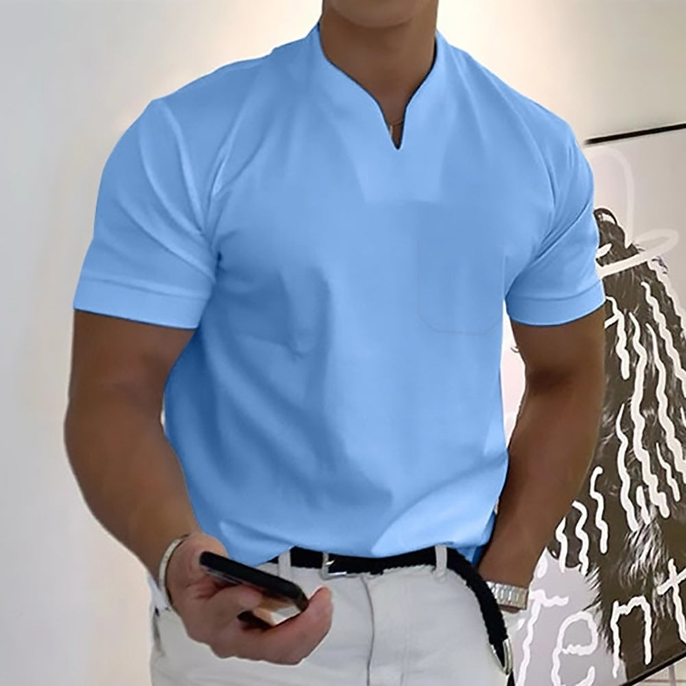 Men's Pocket T-Shirt Band Collar Cotton