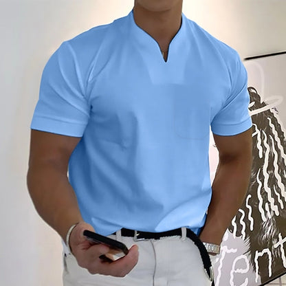 Men's Pocket T-Shirt Band Collar Cotton