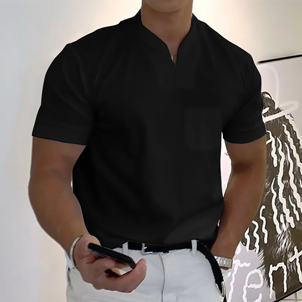 Men's Pocket T-Shirt Band Collar Cotton