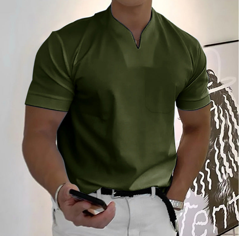 Men's Pocket T-Shirt Band Collar Cotton