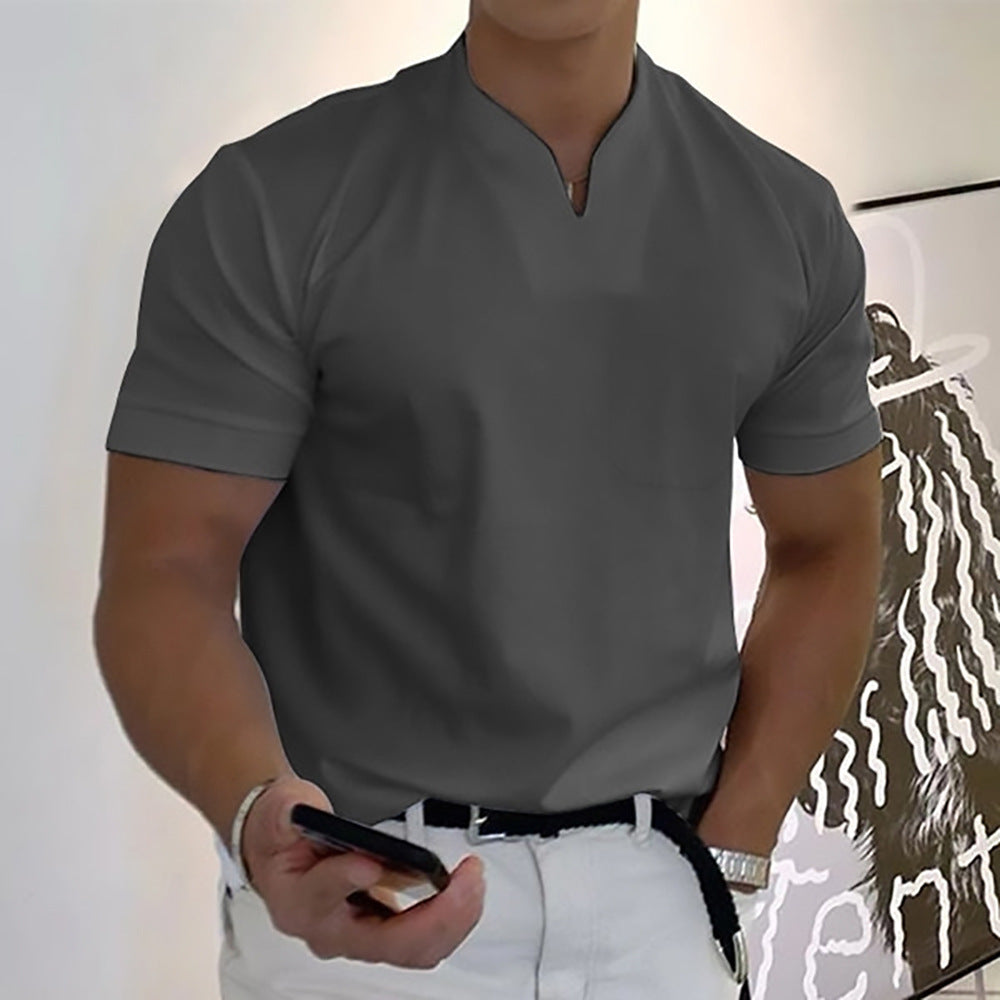 Men's Pocket T-Shirt Band Collar Cotton