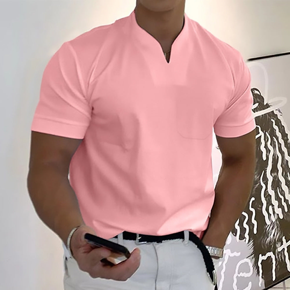Men's Pocket T-Shirt Band Collar Cotton