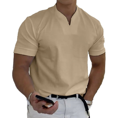 Men's Pocket T-Shirt Band Collar Cotton