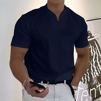 Men's Pocket T-Shirt Band Collar Cotton