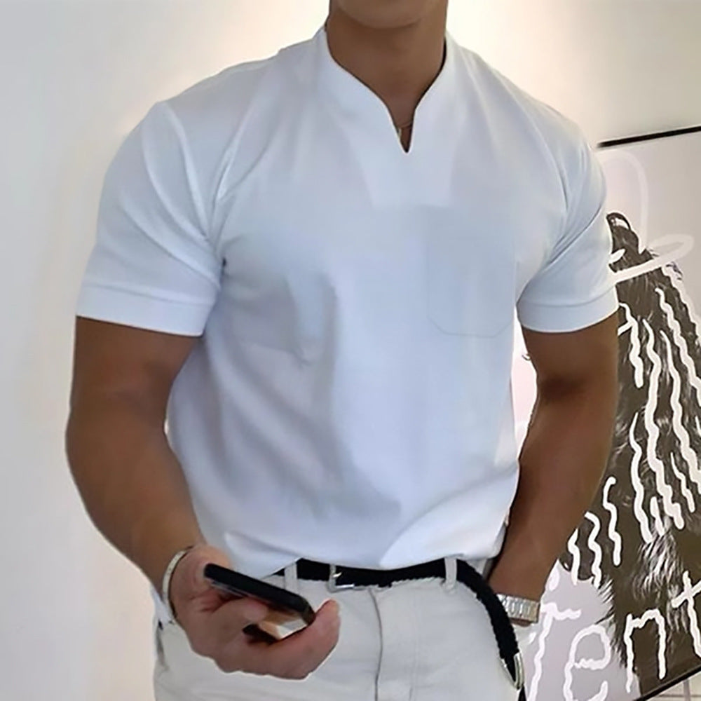 Men's Pocket T-Shirt Band Collar Cotton