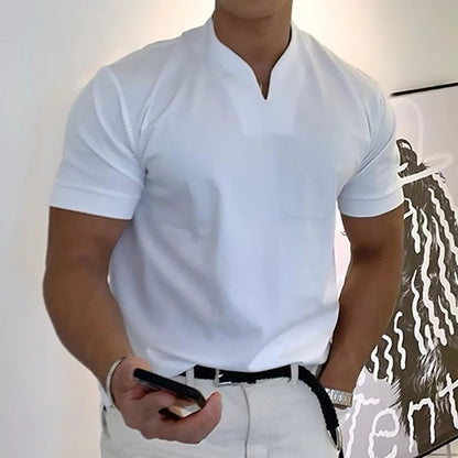 Men's Pocket T-Shirt Band Collar Cotton